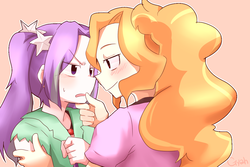 Size: 1200x800 | Tagged: safe, artist:gyaheung, adagio dazzle, aria blaze, human, g4, blushing, duo, female, humanized, lesbian, ship:adaria, shipping