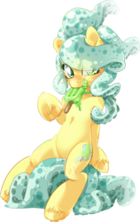 Size: 507x803 | Tagged: safe, artist:coalcloud, artist:pyoo-kee-pony, artist:squidip, oc, oc only, oc:tentacream, food pony, original species, food, looking at you, mouth hold, popsicle, simple background, solo, tentacles, transparent background, unshorn fetlocks