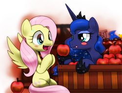 Size: 1700x1300 | Tagged: safe, artist:hoyeechun, applejack, fluttershy, princess luna, g4, apple, blushing, fangs, spread wings, tongue out