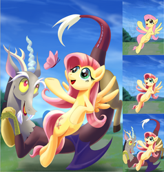 Size: 668x701 | Tagged: safe, artist:nekokevin, discord, fluttershy, g4, day, duo, flying, full body, happy, pose, progress, raised hoof, shading, side by side, smiling, spread wings, step by step, wings, wip