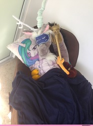 Size: 960x1294 | Tagged: source needed, safe, artist:theparagon, discord, princess celestia, g4, body pillow, cuddling, female, irl, jetblue, male, meta, photo, plushie, ship:dislestia, shipping, sleep mask, snuggling, straight, twilight scepter