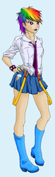 Size: 611x1961 | Tagged: safe, artist:erim-kawamori, rainbow dash, human, g4, boots, bracelet, clothes, female, humanized, jewelry, miniskirt, necktie, ring, school uniform, schoolgirl, shirt, simple background, skirt, solo, spiked wristband, suspenders, wristband