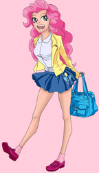 Size: 1131x1961 | Tagged: safe, artist:erim-kawamori, pinkie pie, human, g4, bag, blazer, clothes, crest, female, humanized, miniskirt, school uniform, schoolgirl, shirt, shoes, simple background, skirt, socks, solo