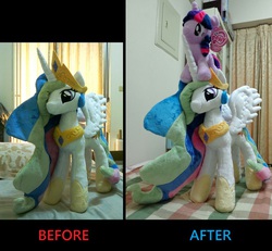 Size: 900x833 | Tagged: safe, artist:whitedove-creations, princess celestia, twilight sparkle, pony, g4, 4de, irl, photo, plushie, ponies riding ponies, pony hat, riding, toy, twilight riding celestia