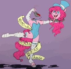 Size: 834x810 | Tagged: safe, artist:breathe-a-little, pinkie pie, earth pony, anthro, g4, bowtie, clothes, detachable head, disembodied head, female, flexible, gloves, hat, headless, long tongue, magician outfit, modular, solo, stockings, tea, teacup, the headless waltz, tongue out, top hat, voltaire