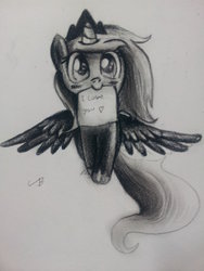 Size: 1024x1365 | Tagged: safe, artist:ukbin, princess luna, g4, female, filly, grayscale, monochrome, mouth hold, solo, spread wings, traditional art, woona