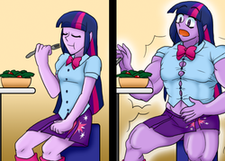 Size: 788x563 | Tagged: safe, artist:advanceddefense, twilight sparkle, equestria girls, g4, comic, eating, eyes closed, fetish, fork, muscle expansion, muscle fetish, muscles, salad, surprised, tight clothing, twilight muscle