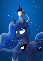 Size: 620x877 | Tagged: dead source, safe, artist:thephoebster, princess luna, tiberius, alicorn, opossum, pony, g4, accessory swap, crown, jewelry, looking up, night, raised hoof, regalia, stars, watermark