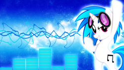 Size: 1920x1080 | Tagged: safe, artist:equestriandeviants, dj pon-3, vinyl scratch, pony, unicorn, g4, cutie mark, female, hooves, horn, mare, pose, red eyes, smiling, solo, sunglasses, teeth, vector, wallpaper, wave