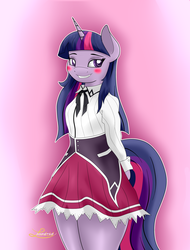 Size: 1900x2500 | Tagged: safe, artist:lordzid, twilight sparkle, anthro, g4, blushing, clothes, legs together, schoolgirl, skirt