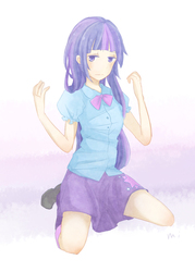 Size: 591x826 | Tagged: safe, artist:kome, twilight sparkle, equestria girls, g4, boots, bowtie, clothes, female, humanized, kneeling, miniskirt, pixiv, schoolgirl, shirt, skirt, socks, solo