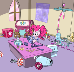 Size: 907x877 | Tagged: safe, artist:metal-kitty, pinkie pie, g4, blueprint, crossover, engie pie, engineer, engineer (tf2), engineering, flying contraption, helicopter, mouth hold, party cannon, pedalcopter, pi, pinkiecopter, screwdriver, team fortress 2, tools