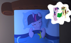 Size: 3087x1876 | Tagged: safe, artist:pack, twilight sparkle, oc, oc:madmax, g4, bed, book, dream, sleeping, solo