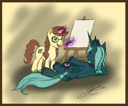 Size: 3768x3132 | Tagged: safe, artist:rrdz, princess luna, oc, oc:madmax, g4, draw me like one of your french girls, glasses, high res, magic, pencil, s1 luna