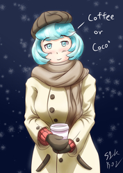 Size: 2894x4093 | Tagged: safe, artist:s1k bo1, coco pommel, human, g4, beret, blue background, blushing, clothes, coat, coffee, cute, female, gloves, high res, humanized, looking at you, night, scarf, simple background, smiling, solo, sweater, winter