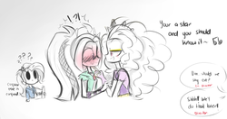 Size: 1004x530 | Tagged: safe, artist:jankrys00, adagio dazzle, aria blaze, trixie, human, g4, blushing, dialogue, duo focus, embarrassed, female, lesbian, mare, ship:adaria, shipping
