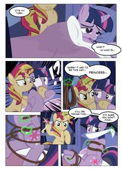 Size: 1024x1448 | Tagged: safe, artist:radiantrealm, sunset shimmer, twilight sparkle, alicorn, pony, unicorn, equestria girls, g4, bed, big crown thingy, bondage, cloth gag, comic, crown, female, gag, rope, show accurate, twilight sparkle (alicorn)
