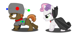 Size: 1600x700 | Tagged: safe, artist:emoshyvinyl, button mash, sweetie belle, g4, clothes, colt, costume, determined smile, duo, female, filly, foal, male, nightmare night