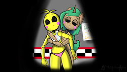 Size: 6048x3456 | Tagged: dead source, safe, artist:zacproductions, oc, oc:glimmering springs, belly button, chica, crossover, five nights at freddy's, five nights at freddy's 2, shipping, toy chica