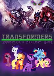 Size: 2480x3508 | Tagged: safe, artist:edcom02, applejack, fluttershy, king sombra, pinkie pie, rainbow dash, rarity, twilight sparkle, robot, g4, autobot, clash of hasbro's titans, crossover, darkest hour, fall of cybertron, fanfic art, fanfic cover, grimlock, high res, mane six, optimus prime, transformers