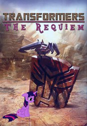 Size: 2123x3059 | Tagged: safe, twilight sparkle, alicorn, pony, robot, g4, autobot, crossover, fall of cybertron, fanfic art, fanfic cover, female, high res, laserbeak, mare, requiem, transformers, twilight sparkle (alicorn)