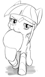 Size: 1473x2517 | Tagged: safe, artist:vulapa, oc, oc only, oc:pinch hitter, female, filly, monochrome, mouth hold, solo