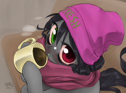 Size: 1094x812 | Tagged: safe, artist:reavz, artist:transgressors-reworks, color edit, edit, oc, oc only, oc:blazing saddles, pony, blushing, clothes, coffee, cold, colored, hat, heterochromia, hot chocolate, looking at you, looking up, looking up at you, mug, scarf, solo