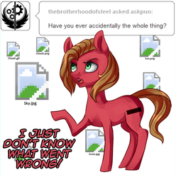 Size: 794x800 | Tagged: safe, artist:weird--fish, oc, oc only, oc:pun, earth pony, pony, ask pun, ask, error, fail, female, glitch, i just don't know what went wrong, mare, picture, solo, tumblr