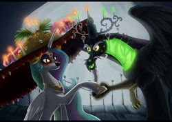 Size: 1024x724 | Tagged: safe, artist:hecatehell, discord, princess celestia, alicorn, pony, g4, book of life, candle, dia de los muertos, face paint, female, horn, la muerte, male, ship:dislestia, shipping, straight, the book of life, wings, xibalba
