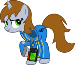 Size: 3964x3422 | Tagged: dead source, safe, artist:incognito-i, oc, oc only, oc:littlepip, pony, unicorn, fallout equestria, clothes, fallout, fanfic, fanfic art, female, high res, jumpsuit, mare, pipbuck, show accurate, simple background, solo, transparent background, vault suit, vector