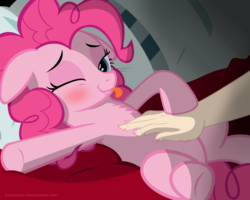 Size: 1500x1200 | Tagged: safe, artist:ponyecho, pinkie pie, earth pony, human, pony, g4, :p, :t, bed, bedroom eyes, belly fluff, bellyrubs, blushing, chest fluff, cute, diapinkes, female, floppy ears, fluffy, hand, hoof hold, interspecies, lidded eyes, looking at you, mare, on back, one eye closed, petting, ponyecho is trying to murder us, show accurate, silly, smiling, solo focus, tongue out, underhoof, weapons-grade cute, wink