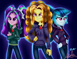 Size: 1445x1122 | Tagged: safe, artist:aurora-chiaro, artist:kitsunehino, adagio dazzle, aria blaze, sonata dusk, equestria girls, g4, my little pony equestria girls: rainbow rocks, clothes, sweater, the dazzlings