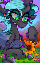 Size: 667x1057 | Tagged: dead source, safe, artist:kaliptro, queen chrysalis, changeling, changeling queen, g4, alternate hairstyle, female, flower, overalls, solo