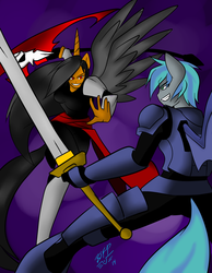 Size: 1008x1296 | Tagged: safe, artist:burningsnowflakeproductions, oc, oc only, oc:raven, oc:swift edge, alicorn, bat pony, anthro, alicorn oc, ambiguous facial structure, anthro oc, night guard, royal guard, scythe, sword