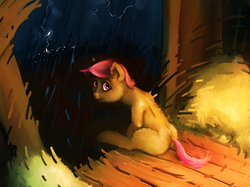 Size: 2921x2186 | Tagged: safe, artist:sharpieboss, scootaloo, pony, g4, amputee, barn, butt, female, fluffy, high res, implied grimdark, lightning, looking back, plot, rain, sitting, smiling, solo