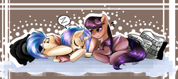 Size: 1280x573 | Tagged: safe, artist:aaynra, dj pon-3, octavia melody, vinyl scratch, g4, female, lesbian, morning ponies, pillow, prone, ship:scratchtavia, shipping, sleeping, smiling, teacup