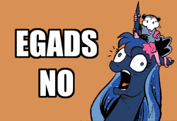 Size: 526x357 | Tagged: safe, artist:andy price, idw, princess luna, tiberius, opossum, g4, egads no, no, reaction image