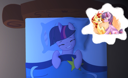 Size: 3087x1876 | Tagged: safe, edit, edited edit, sunset shimmer, twilight sparkle, alicorn, pony, unicorn, g4, dream, female, horn, horns are touching, lesbian, ship:sunsetsparkle, shipping, sleeping, twilight sparkle (alicorn)