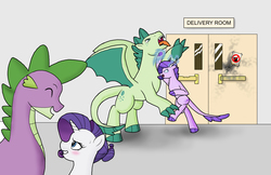 Size: 2550x1650 | Tagged: safe, artist:bico-kun, rarity, spike, oc, oc:crystal clarity, oc:turquoise blitz, dracony, hybrid, kilalaverse, g4, adult spike, blushing, broken glass, damaged, door, female, fight, fire, glowing eyes, hospital, interspecies offspring, like father like son, like parent like child, magic, male, offspring, older, older spike, parent:rarity, parent:spike, parents:sparity, pregnant, ship:sparity, shipping, sign, story included, straight, sweatdrop, tongue out, uppercut, waiting room