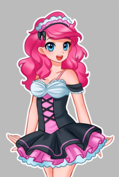 Size: 700x1041 | Tagged: dead source, safe, artist:racoonsan, pinkie pie, human, g4, adorasexy, bare shoulders, breasts, cleavage, clothes, cute, diapinkes, dress, female, gray background, humanized, looking at you, maid, maid headdress, open mouth, sexy, simple background, smiling, smiling at you, solo