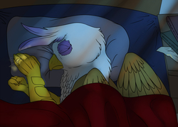 Size: 1000x714 | Tagged: safe, artist:backlash91, gilda, rainbow dash, griffon, g4, female, implied rainbow dash, lesbian, ring, ship:gildash, shipping, sleeping, solo