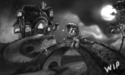 Size: 900x540 | Tagged: safe, artist:tsitra360, fluttershy, g4, bridge, female, fluttershy's cottage, monochrome, moon, night, solo, wip