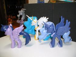 Size: 1024x768 | Tagged: safe, discord, princess celestia, princess luna, twilight sparkle, alicorn, pony, g4, female, funko, irl, mare, photo, prototype, toy, twilight sparkle (alicorn)