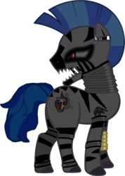 Size: 1368x1919 | Tagged: safe, artist:elderdragon118, oc, oc only, oc:loyal, robot, zebra, animatronic, damaged, five nights at freddy's, red eyes, simple background, solo, white background, wires