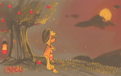 Size: 784x493 | Tagged: safe, artist:staticdragon1, applejack, g4, apple, female, limited palette, sitting, solo, sunset, tree, under the tree