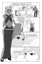 Size: 687x1042 | Tagged: safe, artist:bakuhaku, princess celestia, princess luna, twilight sparkle, anthro, unguligrade anthro, comic:royally screwed, g4, belly button, breasts, clothes, comic, dress, female, grayscale, midriff, monochrome, side slit