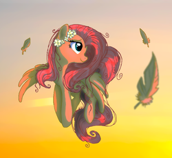 Size: 698x639 | Tagged: safe, artist:mqsdwz35, fluttershy, g4, feather, female, floral head wreath, solo, sunset