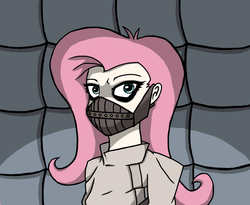 Size: 3300x2700 | Tagged: dead source, safe, artist:animatormon, fluttershy, human, .mov, g4, female, fluttershed, high res, humanized, looking at you, muzzle, padded cell, solo, straitjacket