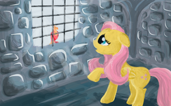 Size: 1280x800 | Tagged: safe, artist:1nfy, fluttershy, philomena, phoenix, g4, bad end, prison