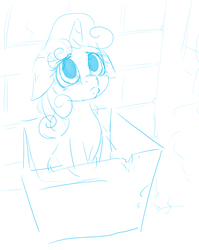 Size: 1000x1257 | Tagged: safe, artist:mrs1989, sweetie belle, pony, g4, box, crying, cute, diasweetes, doodle, female, floppy ears, monochrome, pony in a box, pouting, sad, solo